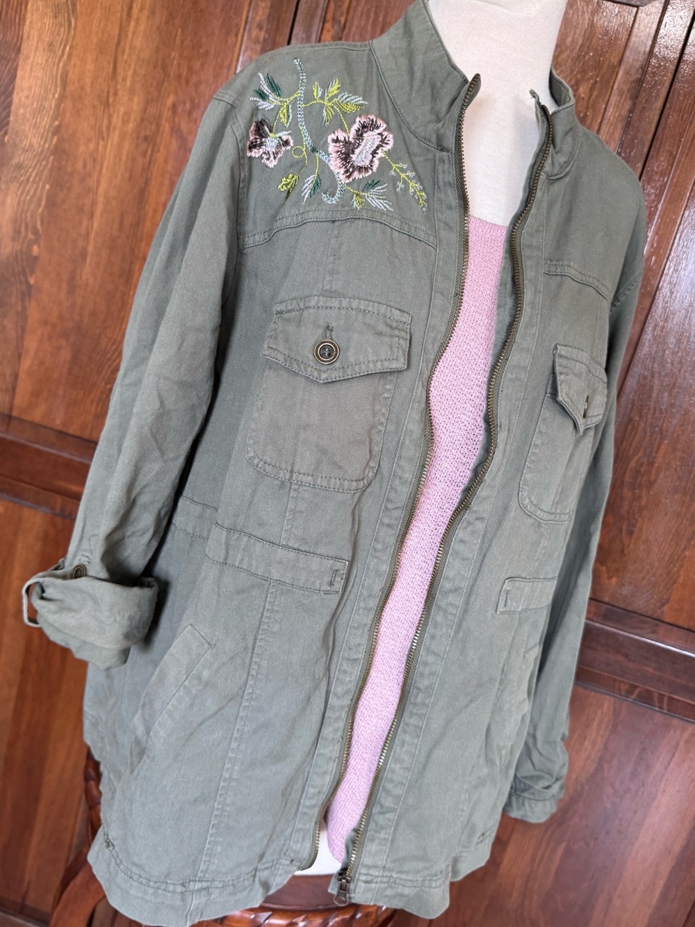 Military Utility Jacket Floral Embroidered Green Cargo Field Coat 1X